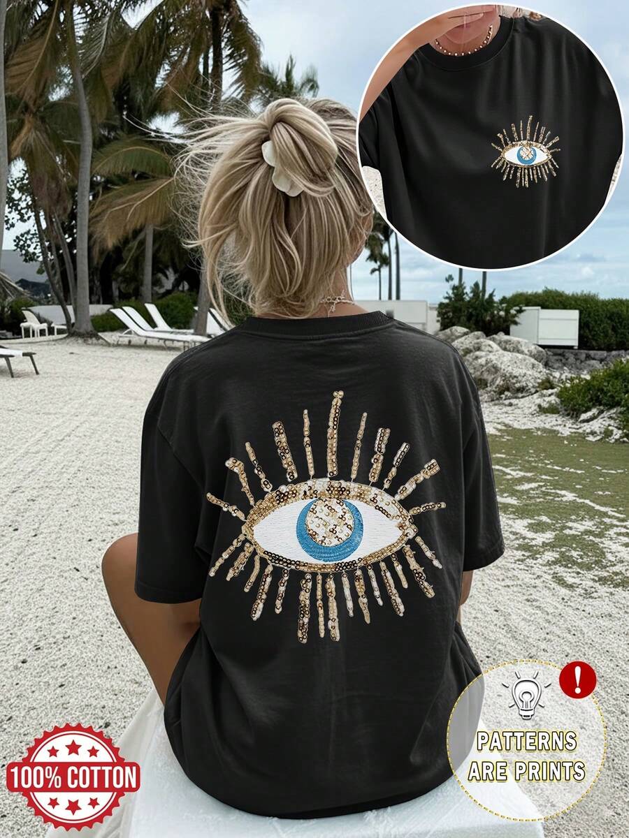 [Printed Design – No Texture][Double-Sided Print] Women's Casual Summer T-Shirt With Beaded Embroidery And Evil Eye Print, Short Sleeve, Round Neck, Pure Cotton, Loose Fit With Drop Shoulders - Vintage Urban Style, Unisex Cotton Short Sleeve Round Neck T-Shirt - 黑色 - 查看 1