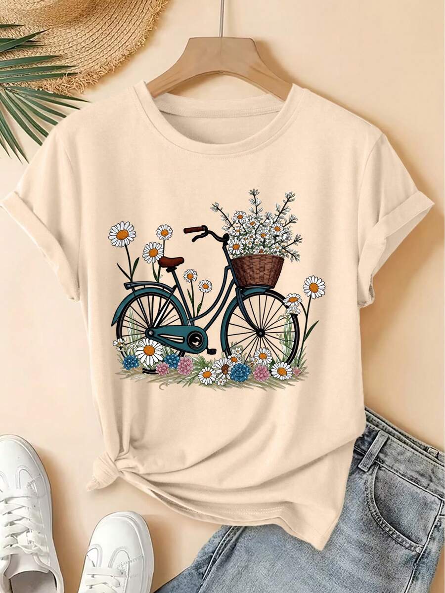 Unisex Cotton Short-Sleeved Round Neck T-Shirt, Urban Vintage Style, With Daisy Floral Print, Fresh Forest Style, Loose Top, Elegant Fashion For Spring/Summer Parties 2026, Versatile Women's Clothing For Going To Work. - 杏色 - 查看 1