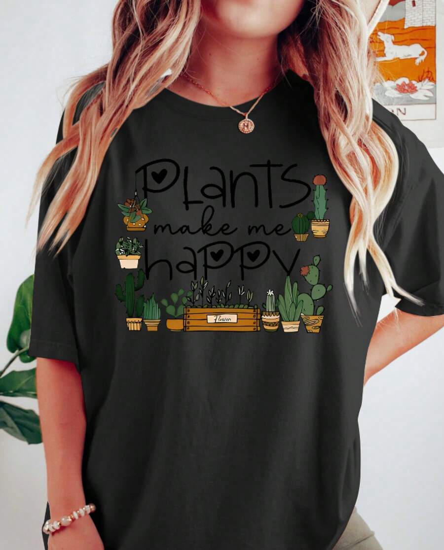 Camiseta de Mujer con Estampado de Planta Verde en Maceta | Camiseta Unisex de Estilo Urbano Vintage, de Algodón, Manga Corta y Cuello Redondo - Negro - Ver 1