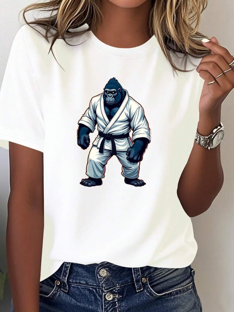 Camiseta Gráfica de Artes Marciales Gorilla Rising Sun para Mujer - Diseño Japonés Gi, uste Relado y Cómodo para Todas las Estaciones, Ropa Casual en Blanco