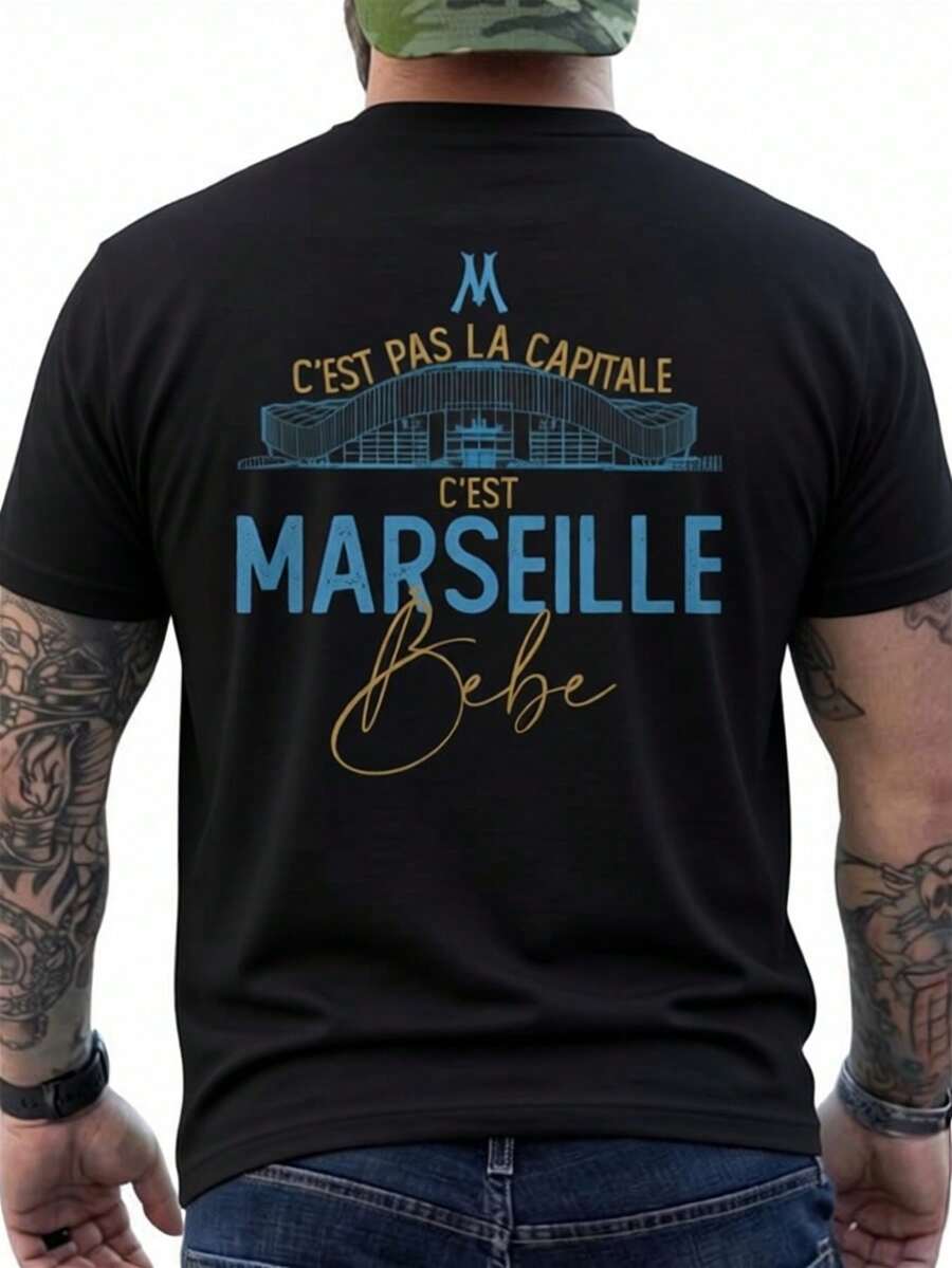 Men's Marseille Stadium Summer T-Shirt | Vintage Fan Apparel With French Text, Breathable, Black With Blue And Gold Team Print, Casual Short Sleeve, Crew Neck, Perfect For Matchday And Game Day Gifts. Loose And Comfortable For Summer. - Back - View 1