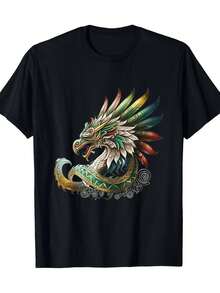 Camiseta para Hombre de Algodón Negro con Estampado de Quetzalcóatl Serpiente Emplumada,Camiseta masculina de algodón negro, camiseta con estampado de Quetzalcóatl, camiseta serpiente emplumada, camiseta cultura azteca, camiseta transpirable, camiseta de corte relajado, ropa masculina de estilo tradicional, camiseta urbana alternativa - Negro - Ver 1