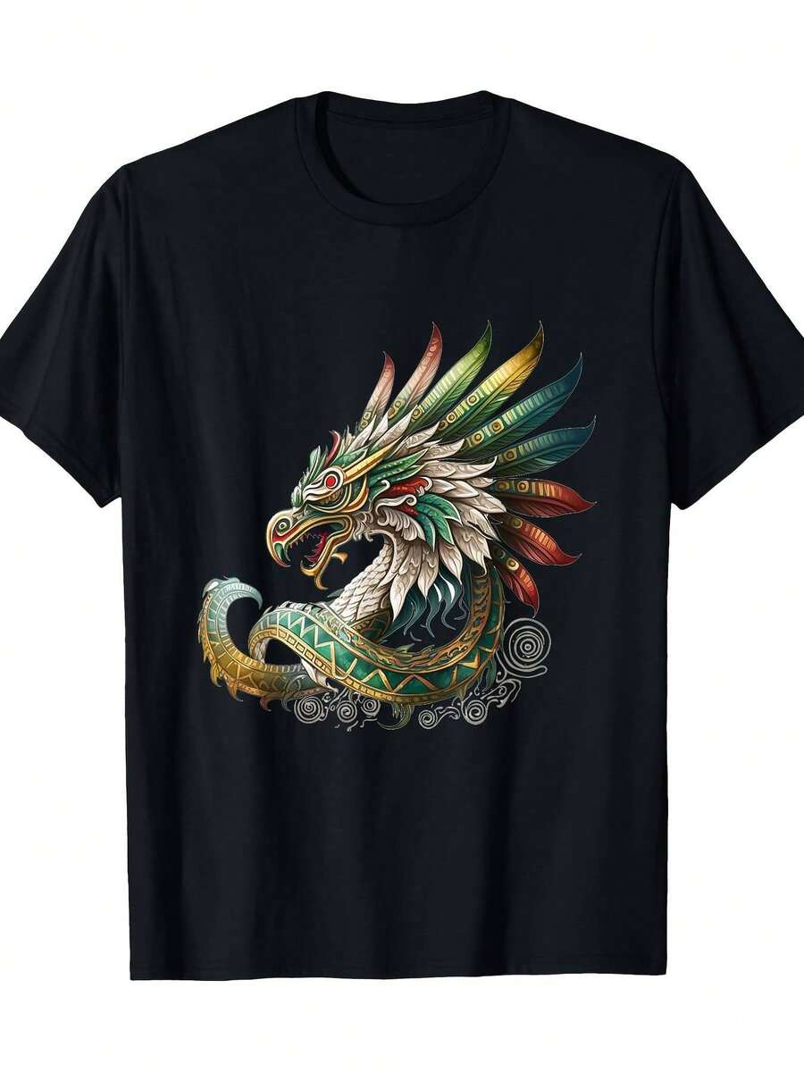 Camiseta para Hombre de Algodón Negro con Estampado de Quetzalcóatl Serpiente Emplumada,Camiseta masculina de algodón negro, camiseta con estampado de Quetzalcóatl, camiseta serpiente emplumada, camiseta cultura azteca, camiseta transpirable, camiseta de corte relajado, ropa masculina de estilo tradicional, camiseta urbana alternativa - Negro - Ver 1