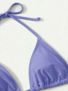 Women's Simple Solid Color Swim Bikini With A Halter Neck And Cutout, Suitable For Beach Vacations And Summer. - Blue - View 4