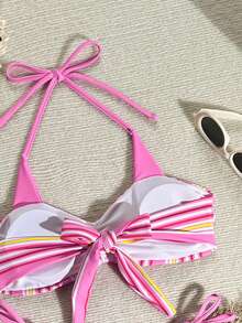 Lucky Girl Women Summer Beach Vacation Colorful Striped Print 2 In 1 Tie-Front Bikini Set - Color - View 6