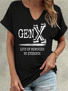 Gen X Women's Retro "Many Memories No Evidence" Letter Print V-Neck T-Shirt - Red And Black Short Sleeve Graphic Top, Casual Fit, Comfortable Machine Washable Fabric, Nostalgic 1990s Casual Outfit For Gen X Women - 黑色 - 查看 12