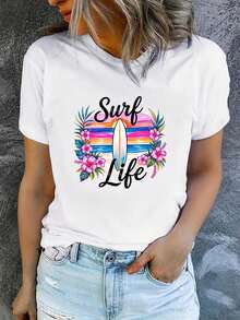 1 Women's Summer Short Sleeve T-Shirt With Print, Modern And Casual, Machine Washable, Comfortable Fit, 2D Flat Print, 180g, 100% Cotton. - 白色_03 - 查看 12