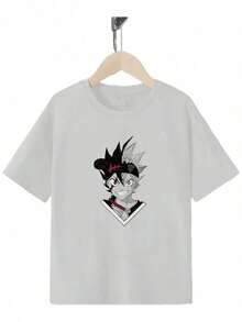 Hot Anime Urban Fashion T-Shirt, Unisex Loose Fit T-Shirt, Anime Graphic Print T-Shirt For Youth - Breathable Summer Crew Neck T-Shirt, Black With Red And White Character Design, Regular Fit For Boys And Girls, All Season Comfort, Cute T-Shirts, Daily Wear For Youth, Playful Design For Youth, Comfortable Clothing For Youth, Soft Cotton Summer Casual Wear For Kids, Comfortable And Breathable, Cute Design, Perfect Gift For Children. - 白色 - 查看 1