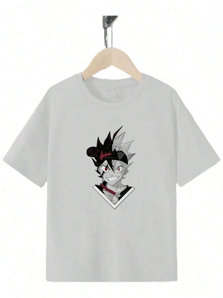 Hot Anime Urban Fashion T-Shirt, Unisex Loose Fit T-Shirt, Anime Graphic Print T-Shirt For Youth - Breathable Summer Crew Neck T-Shirt, Black With Red And White Character Design, Regular Fit For Boys And Girls, All Season Comfort, Cute T-Shirts, Daily Wear For Youth, Playful Design For Youth, Comfortable Clothing For Youth, Soft Cotton Summer Casual Wear For Kids, Comfortable And Breathable, Cute Design, Perfect Gift For Children. - 白色 - 查看 1