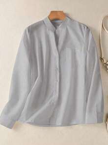 Camisa de mujer de unicolor con cuello en V y botones - Blusa casual y elegante de manga larga con detalle de bolsillo, adecuada para vacaciones, viajes y uso diario, artículo esencial para todas las temporadas de primavera - Gris - Ver 3