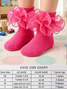 1 Pair Girls' Socks With Ruffle Floral Trim, Princess Baby Socks - Hot Pink - View 4
