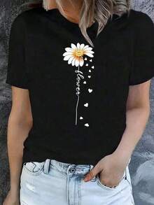 Playera Negra de Mujer con Diseño de Margarita y Corazones Volando, Camiseta Aesthetic Minimalista Manga Corta, Top Moderno de Flores con Frase Flower, Blusa Casual Romántica de Moda NM8E - Negro - Ver 8