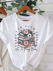 1 camiseta para amantes de los libros de Wo'S - Camiseta gráfica con diseño de pila de libros y flores con la frase "No hay demasiados libros" - Camiseta suave y casual para las noches de lectura - 180g 100% algodón - Blanco - Ver 7