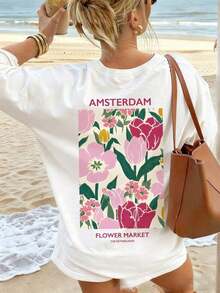 Camiseta de manga corta beige para mujer, con estampado floral y de letras, estilo casual, holgada, versátil, con cuello redondo, ideal para el verano, un top moderno para el uso diario. - Blanco - Ver 5