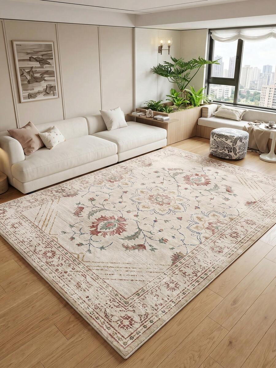 1pc Light Pink Floral Living Room Rug, Suitable For Kitchen, Dining Room, Bedroom, Room Holiday Decor, Indoor/Outdoor, Office, Lobby, Non-Slip Door Mat, Bathroom Rug, Hallway, Study Gaming Area Rug