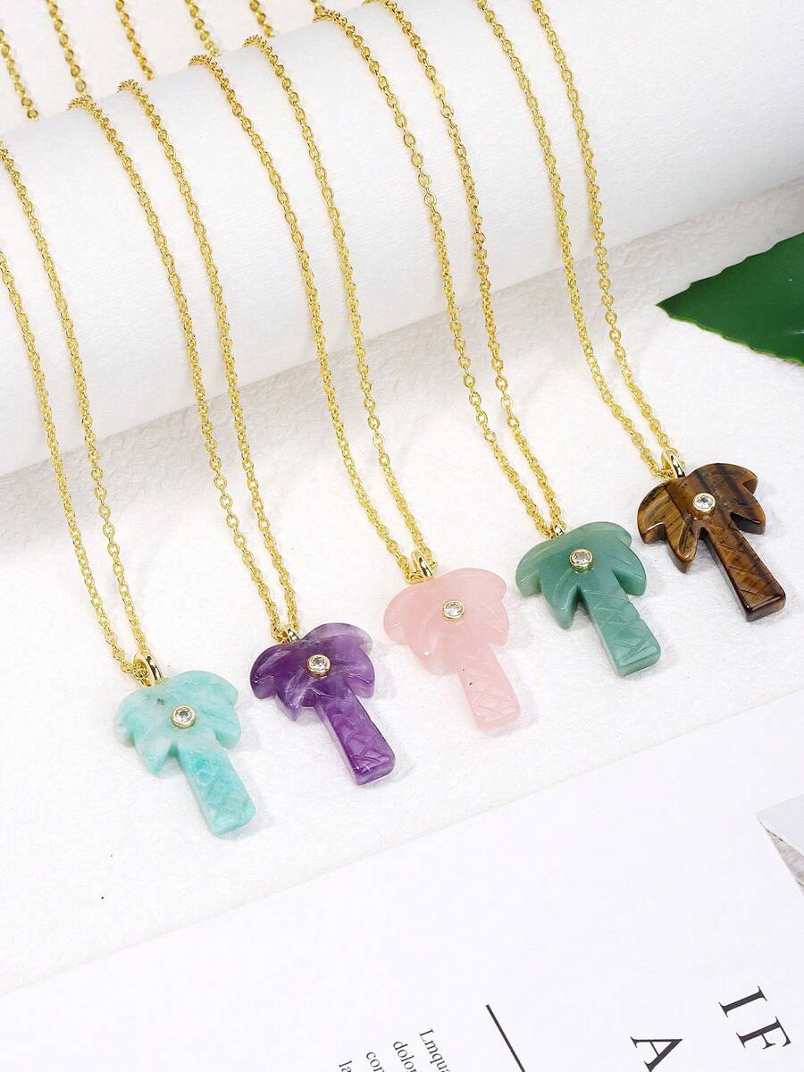 1 chiếc vòng cổ hình cây dừa bằng đá tự nhiên dành cho nữ, mặt dây chuyền chạm khắc thủ công bằng đá thạch anh tím và thạch anh hồng, trang sức chữa lành, quà tặng bãi biển H884 - Vòng cổ - Xem 1