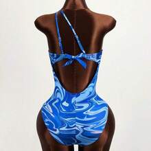 Summer Beach Marble Print Cut Out One Shoulder One Piece Swimsuit - Rojo violeta - Ver 3