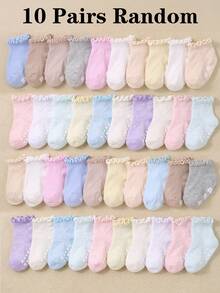 20/15/10/5/1 Paire de chaussettes mi-mollet à volants aléatoires pour bébés filles, tissu en maille cœur confortable, respirant, doux et élastique, chaussettes à semelle antidérapante en silicone cœur, convient pour les bébés filles de 0-36 mois, chaussettes de princesse, chaussettes de marche intérieure, style dopamine de couleur claire convient pour l'été, s'accorde avec diverses tenues, convient pour le port quotidien, les cadeaux et les fêtes d'anniversaire - Multicolore - Voir 13