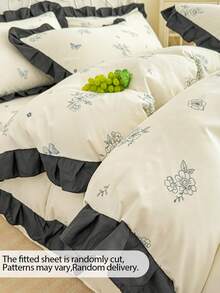 Cream-Colored Girly Ruffled Soft Brushed Floral Duvet Cover 3 Pieces Set (1 Duvet Cover + 2 Pillowcases, Comforter & Pillow Inserts Not Included), Bedding Set, Comfortable Soft Breathable Cozy Versatile, Machine Washable For All Seasons - White and Black - View 4
