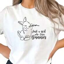 Camiseta gráfica para mujer con diseño de conejito lindo, texto 'Just A Who Bunnies', blusas casuales para dama - Blanco - Ver 7