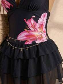Bellisia Traje de baño con falda para mujer con estampado de puntos blancos sobre fondo negro, diseño de escote profundo en V con cuello de halter y espalda descubierta, con volantes de 3 niveles en el bajo, de gasa para playa, vacaciones o en la piscina - Negro - Ver 5