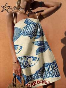 Đầm đi biển phong cách Bohemian họa tiết sao biển mùa xuân/hè, đầm mini chữ A không tay in hình cá mòi và chữ cái, bộ đồ dự tiệc brunch thanh lịch dành cho nữ. - Nhiều màu - Xem 3