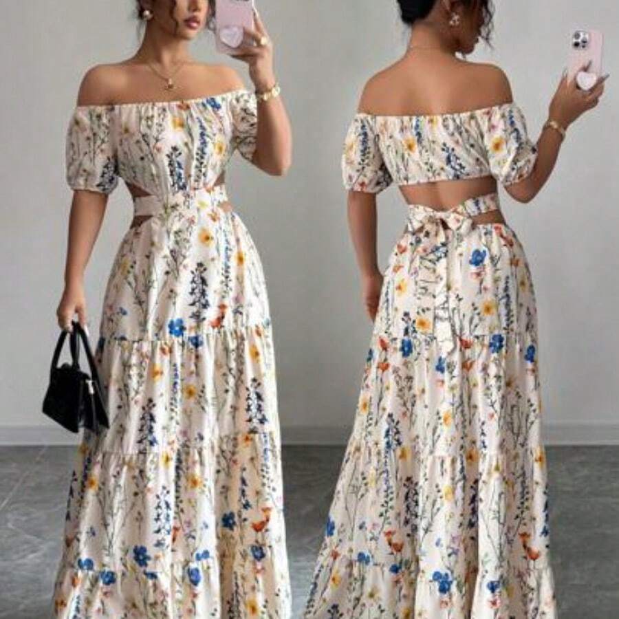 Elenzya 1pc Women's Backless Off Shoulder Strappy Elegant Long Dress - Multicolor - Ver 1