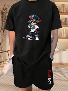 Conjunto Hombre Playera Estampado de Niño Rapero y Short con Bordado 'Cool Boy', Set Casual con Diseño Gráfico de Niño con Gorra y Audífonos, Outfit Verano con Estilo Urbano y Divertido - Negro - Ver 1