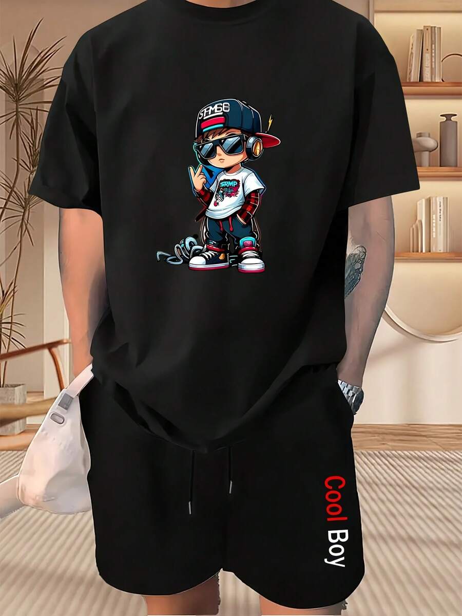 Conjunto Hombre Playera Estampado de Niño Rapero y Short con Bordado 'Cool Boy', Set Casual con Diseño Gráfico de Niño con Gorra y Audífonos, Outfit Verano con Estilo Urbano y Divertido - Negro - Ver 1