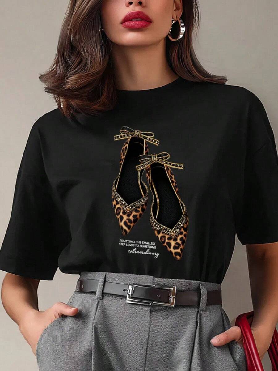 Camiseta estampada con estampado de leopardo retro americano para mujer, holgada y estilizadora, de manga corta y 100% algodón puro. - Blanco - Ver 1