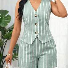 Lady Conjunto de 2 piezas de chaleco y pantalones cortos a rayas de verano casual para mujer - Multicolor - Ver 2