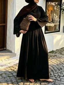 Women's Solid Color Long Arabic Style Dress Black - Black - View 2