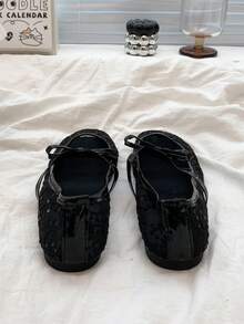 Zapatos de ballet tipo Mary Jane delicados para mujeres, nuevos zapatos de malla calada bordados con encaje para primavera/verano - Negro - Ver 7