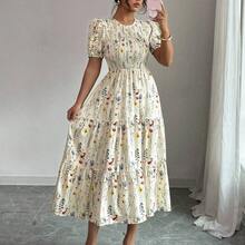 Elenzya Elegant Floral Print Ruched Waist Layered Splice Dress For Women, Suitable For Vacation - Multicolor - Ver 6