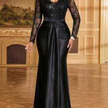 Lady Women's V-Neck Lace Patchwork Pleated Elegant Waist Cinched Long Party Dress - Verde Oscuro - Ver 8