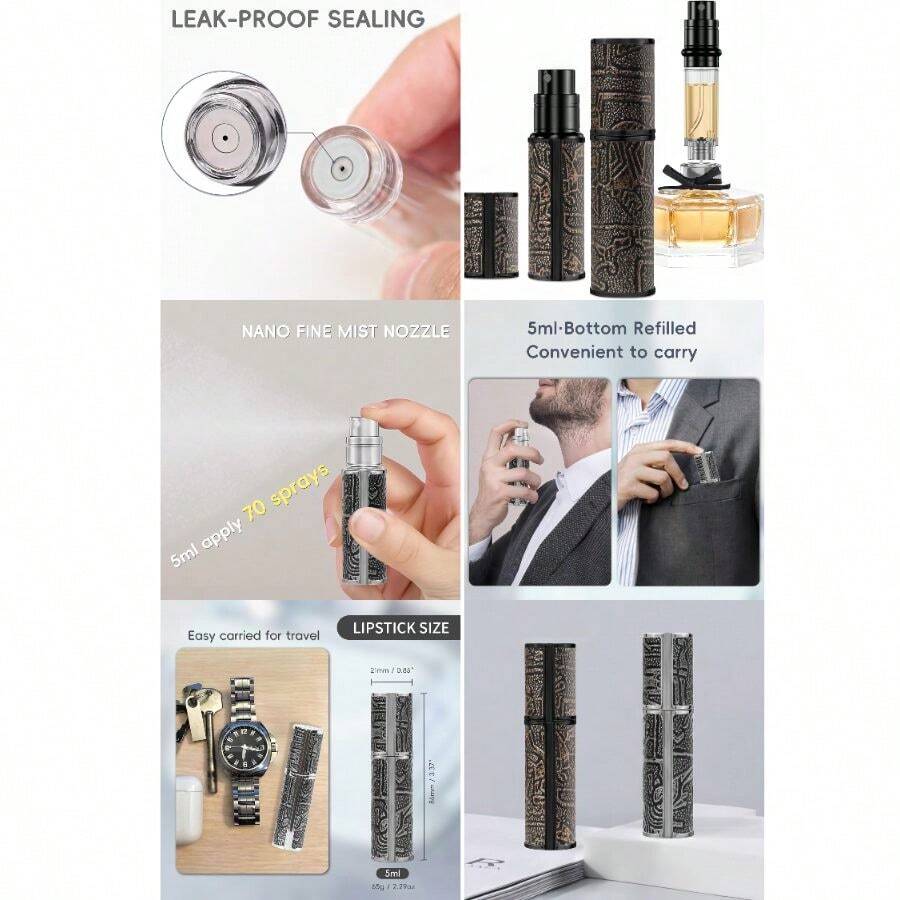 Perfume Bottle 5ml, Ancient Print Leather Refillable Dispenser Bottom Fill Fragrance Scent Container, Portable And Leak-Proof Suitable Traveling Outgoing, AG00BQ (Egypt Print Gold) - 埃及印花金 - 查看 1