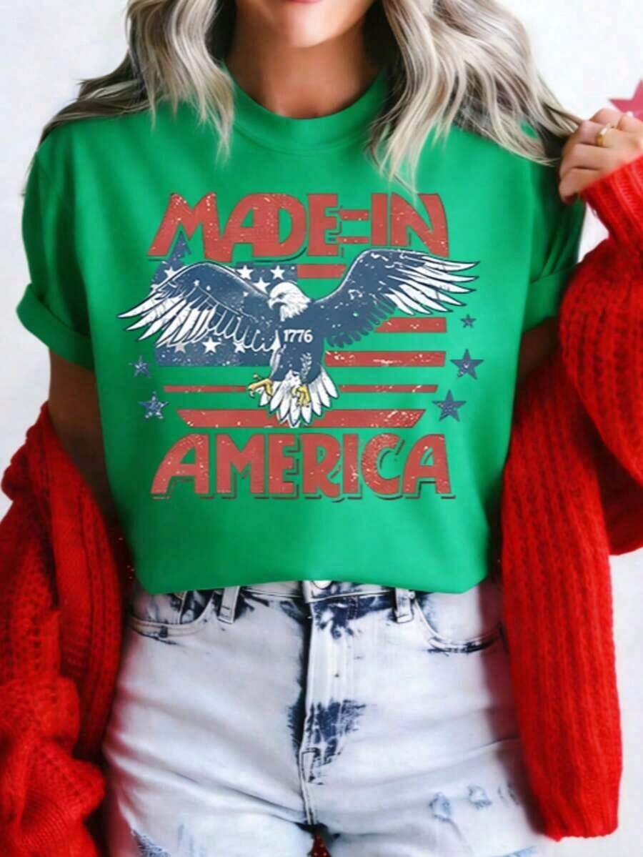 Camiseta Western del 4 de Julio Hecha en América, Camiseta del 4 de Julio, Camiseta Country del 4 de Julio, Camiseta Western, Camiseta de Concierto Country, Camiseta de Festival de Música, Camiseta con Estampado de Cuello Redondo y Manga Corta para Mujer - Uso Diario Casual, Deportes y Fitness, Para Todas las Personas (Perfecta para el Día de San Valentín) - Verde - Ver 1