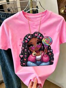 [Cotton T-Shirt] Tween Girl One-Piece Printed Pullover Short-Sleeve T-Shirt, Student And Young Children's Wear, Summer Gift For Kids - 玫紅色 - 查看 1