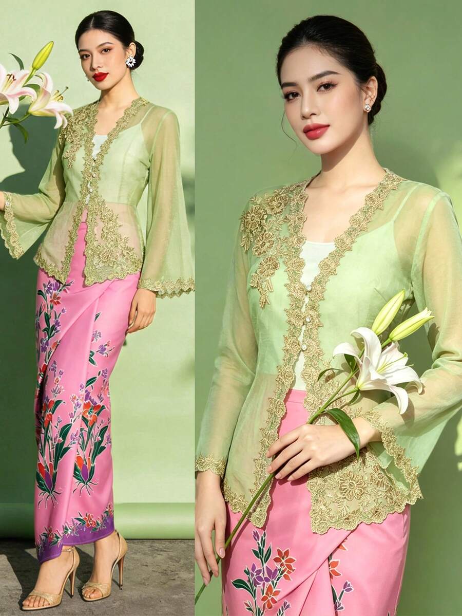 1pc Elegant Patchwork Button-Up Long Sleeve Cardigan Top For Women, Green Long Sleeve Cardigan Blouse - Green - View 1