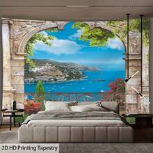 1 pezzo Arco di pietra ornato con paesaggio di città costiera, con vista sul Mar Mediterraneo e stampa di edifici costieri, per camera da letto, soggiorno, dormitorio, decorazione per la casa, in tessuto di poliestere, opera d'arte da parete con paesaggio naturale - Balcone costiero in stile europeo - Visualizzare 1