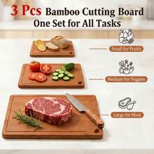 Bamboo Cutting Board Set, Dual-Sided For Chopping Meat/Vegetables, Kitchen Prep & Serving Tray, Thick & Non-Slip, Healthy Cooking Essential - màu nâu - Xem 3