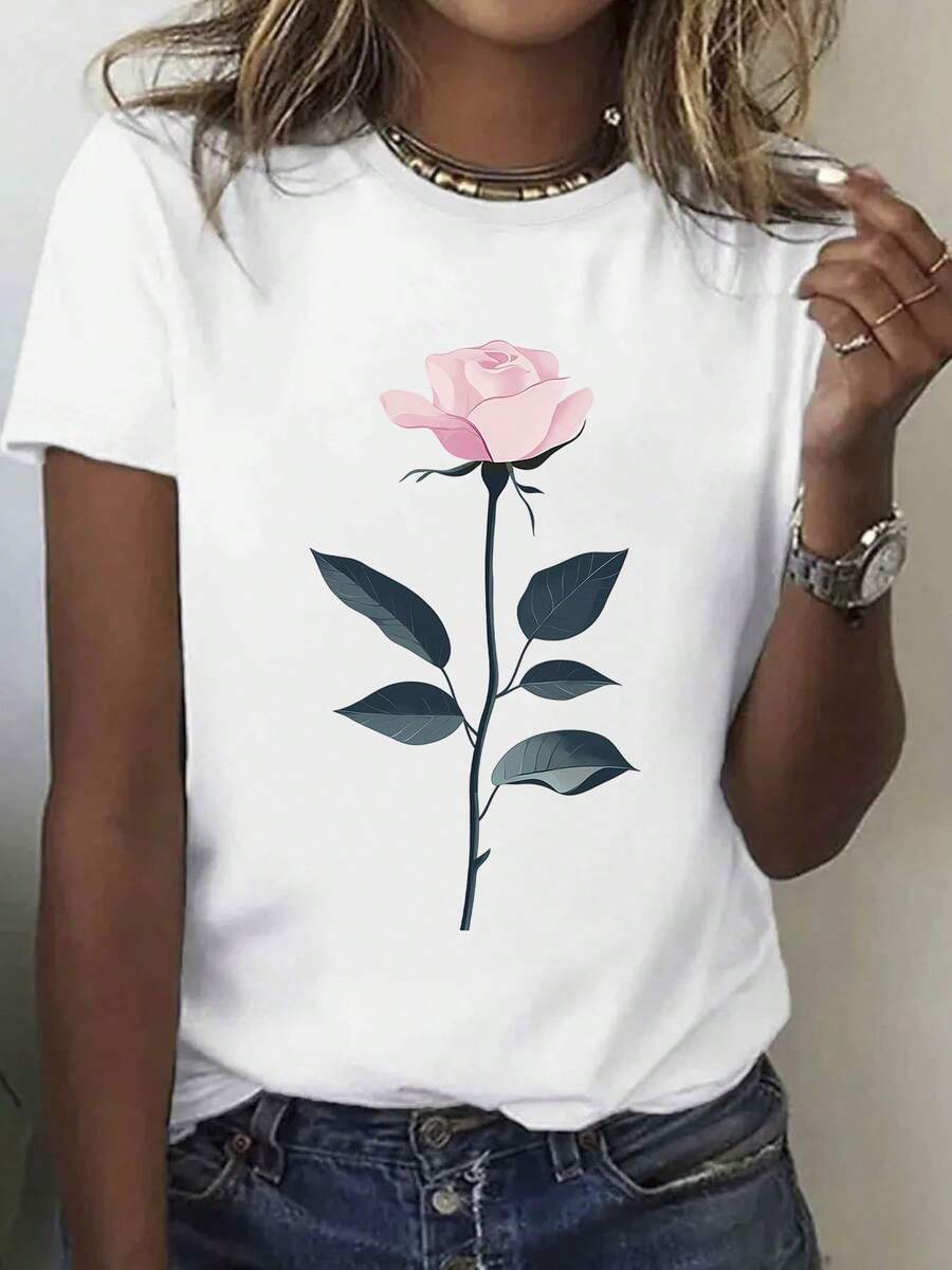 Camiseta Gráfica de Mujer, Camisetara Mujer, Transpirable Manga Corta Cuello Redondo Casual, Suave Camiseta con Estampado Geométrico de Rosas para Regalos de San Valentín, Aniversario y Cumpleaños, Ropa Cómodara Todas las Estaciones, Corte Relado, Regalo de Vacaciones, Perfectara Ocasiones Festivas y Atuendos Casuales.