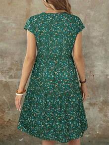 Vestido midi de manga corta, cuello redondo y corte holgado para mujer, adecuado para el verano - Verde - Ver 2