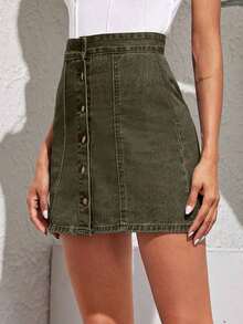 Falda midi vaquera informal, de moda y adecuada para uso diario - Verde militar - Ver 1