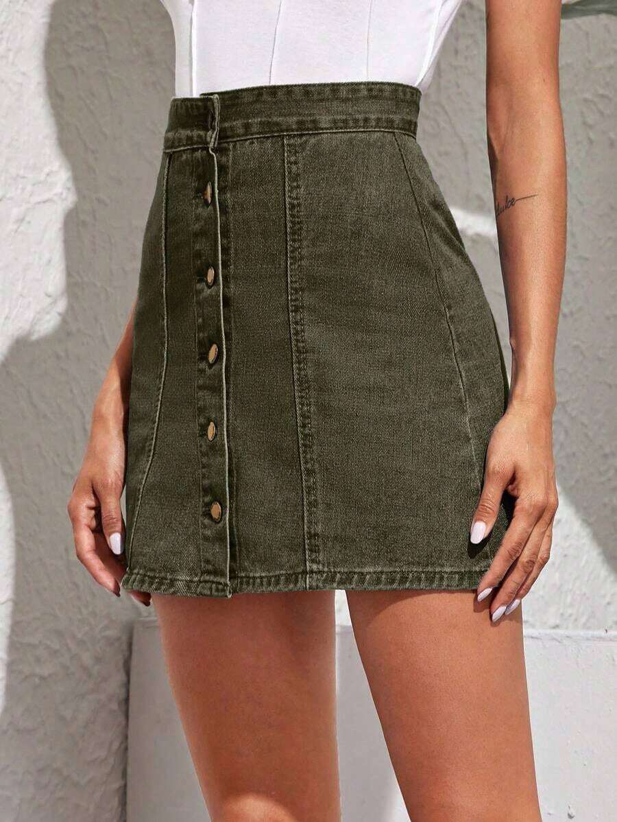 Falda midi vaquera informal, de moda y adecuada para uso diario - Verde militar - Ver 1