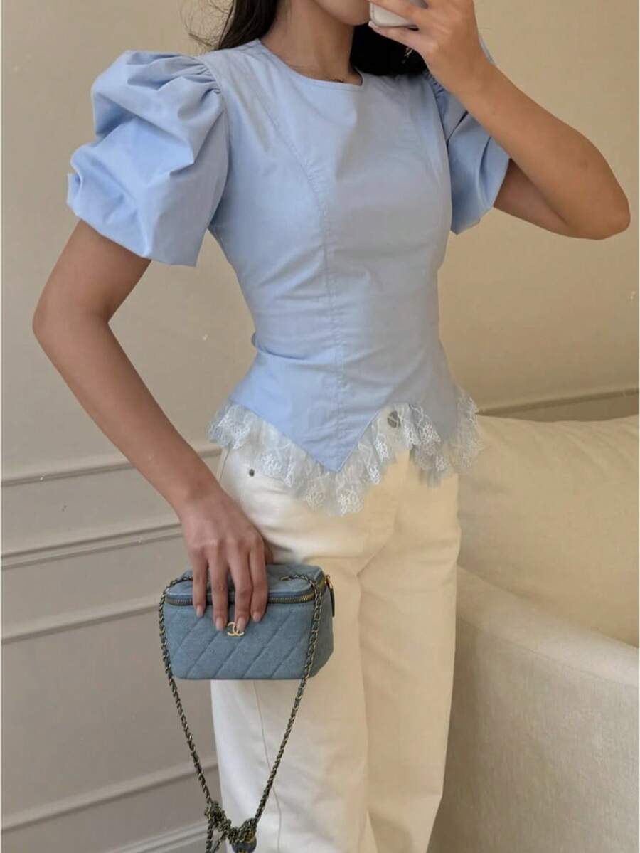 Women's Elegant Blouse Puff Sleeve Round Neck Top Lace Trim Corset Waist Back Lace Up Casual Shirts - Blue - View 1