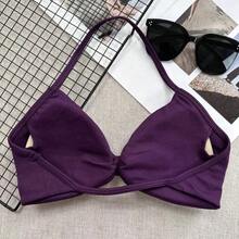 Sujetador tipo camiseta popular, sujetador deportivo sin espalda con tirantes finos para mujer, con soporte ligero, top corto para gimnasio, sujetador de yoga sin costuras con almohadilla plisada, primavera - Morado - Ver 11