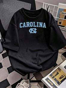 Tops de mujer, Camisas para mujer, Camiseta estampada Carolina para mujer, camiseta casual para el día a día, estilo universitario, tela transpirable y suave, ideal para grandes hermanas o fans de la UNC. ¡Cómoda y elegante! Conjuntos de primavera Y2Y para mujer, blusa para mujer, tops de verano. - Negro - Ver 2