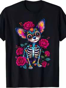180g Pure Cotton Printed Short-Sleeved T-Shirt With Soft Mexican Skull And Chihuahua Design For Day Of The Dead/Halloween, Unisex Style For Men And Women, Summer 2026. - 黑色 - 查看 1