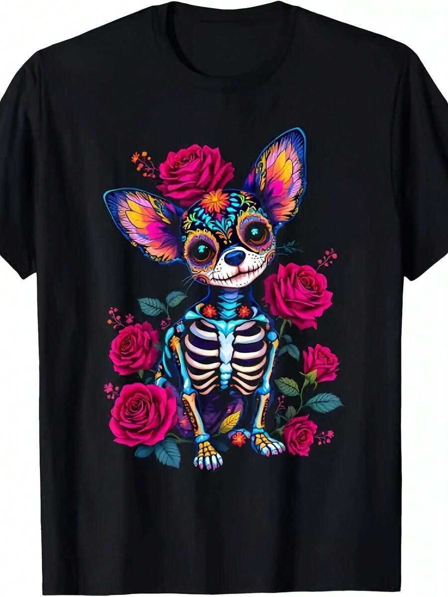 180g Pure Cotton Printed Short-Sleeved T-Shirt With Soft Mexican Skull And Chihuahua Design For Day Of The Dead/Halloween, Unisex Style For Men And Women, Summer 2026. - 黑色 - 查看 1